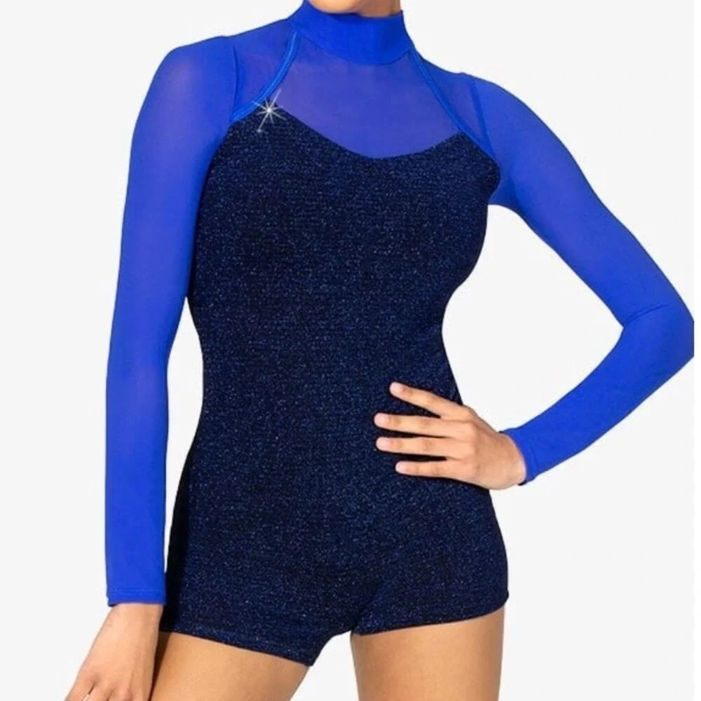 Double Platinum Royal Blue Mesh Long Sleeve Leotard Dance Gymnastics NWT‎ AXS